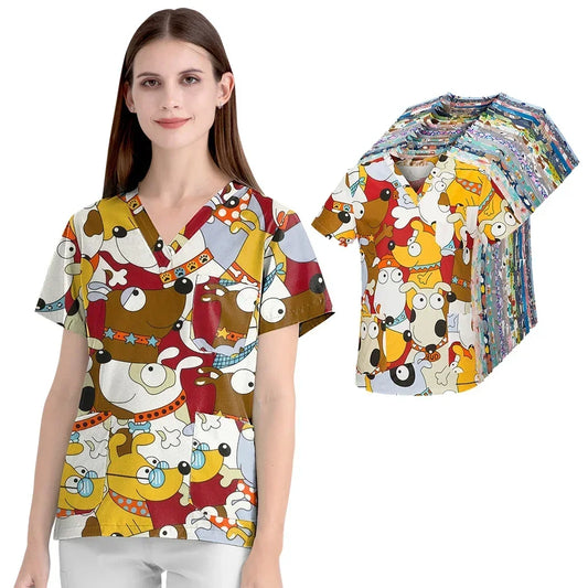 Cartoon Print Women Scrubs Uniform Surgical Top Hospital Doctor Surgery Workwear Dental Clinic Costume Pet Grooming Work Clothes