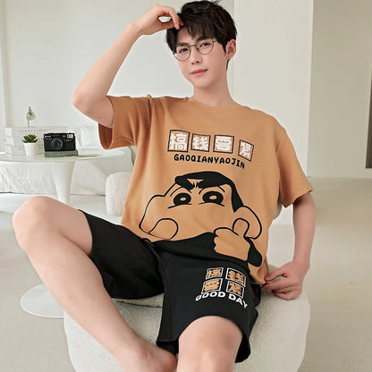 2025 Summer Men’s Sleepwear Cotton Cartoon Pajamas Sets For Man Short Loungewear Young Home Wear Fasion Student Pyjama Set Homme