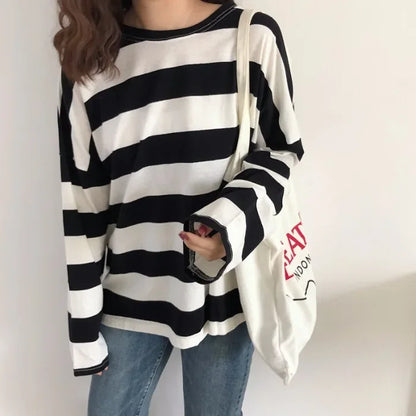 Autumn New Women's Striped Long Sleeve T-shirt Loose Fit Versatile Korean Style Top Students Trade Women's