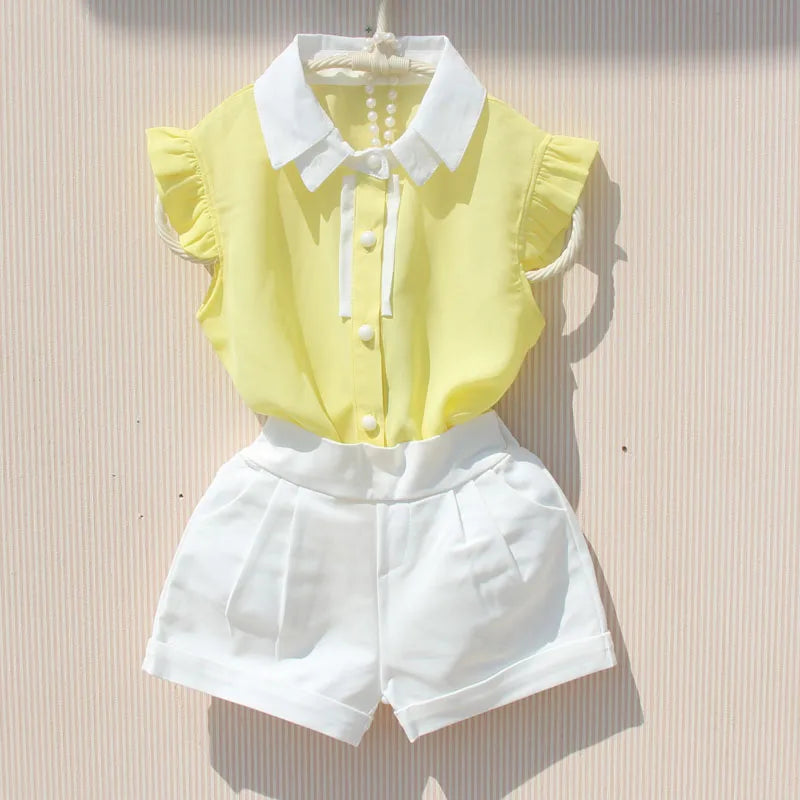 Korean Children Girls Shirts Summer Chiffon Cool Tops Teenage Girls Ruffle Blouse Kids Sleeveless Turn-down Collar Vest Shirts