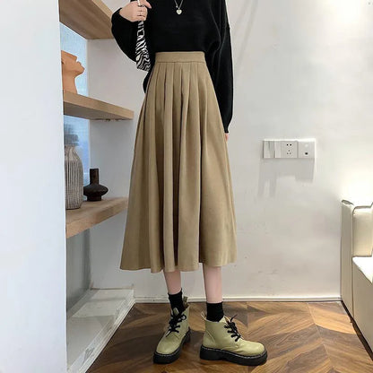 Lucyever Vintage Brown High Waist Pleated Skirt Women Korean Fashion College Style Long Skirt Ladies Autumn Casual A line Skirts