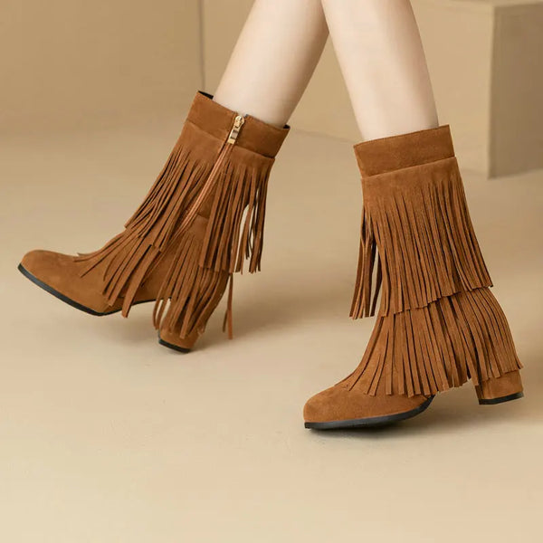 Faux Suede Brown Red Mid-calf Western Women Boots With Fringes Tassels Cowboy Winter Shoes Block High Heels Big Size 49 50 51 52