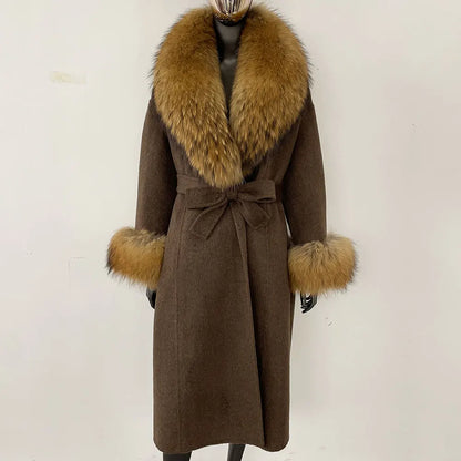 Wool Coat Women New Autumn Winter Real Fox Fur Jacket Female Long Warm Natural Fox Fur Collar Fur Cuffs