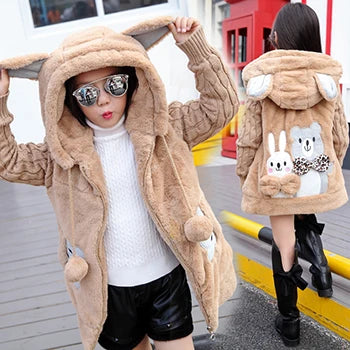 Autumn Winter Girls Jacket Cute Rabbit Bear Keep Warm Little Princess Plush Jacket Hooded Zipper Sweater 3-12 Years Kids Clothes