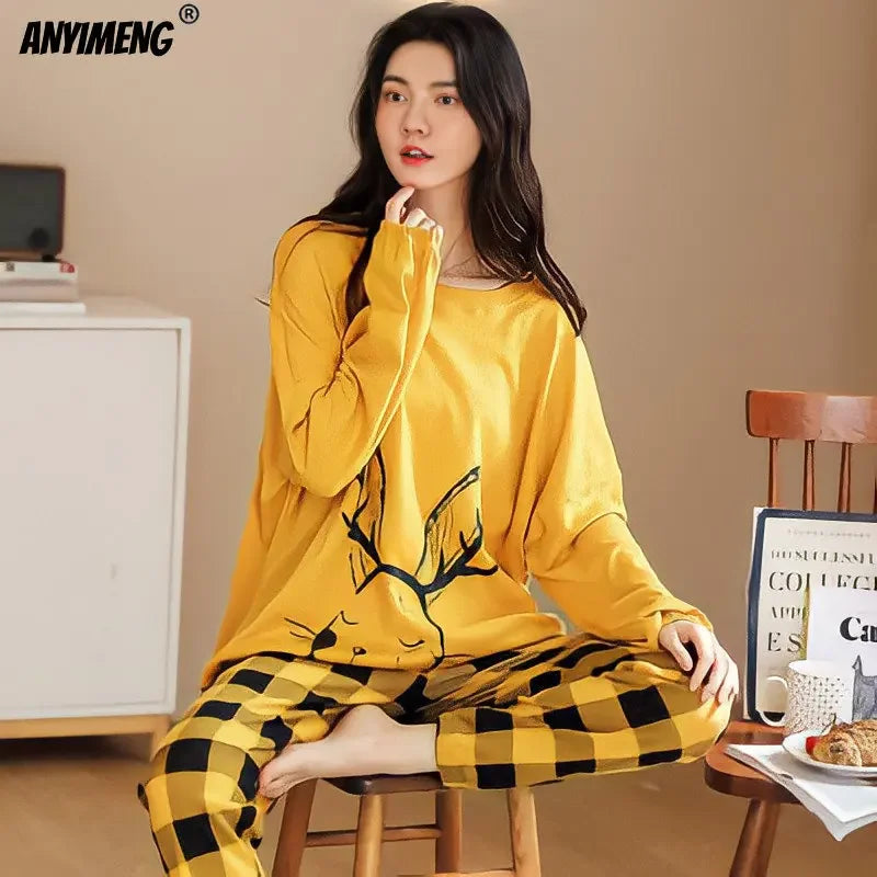 M-5XL Big Size Autumn Spring Pajamas Set for Women Kawaii Printing Sleepwear for Girl Fashion Long Sleeve O-neck Woman's Pijamas