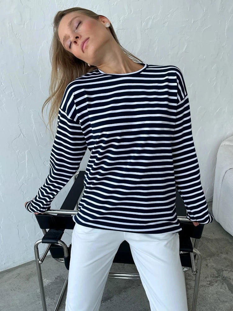 Bornladies Summer Long Sleeve Striped T-Shirts Women Basic Casual Tops Female Cozy Loose Cotton Tees Harajuku T Shirt New