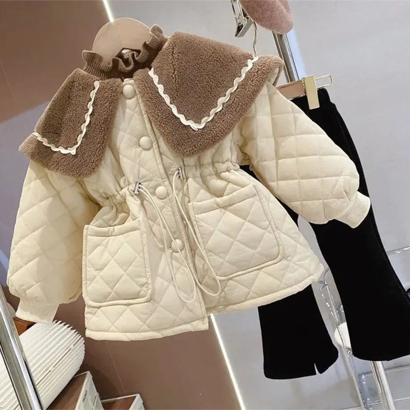 Girls Fleece Jacket Winter Children Cotton Coat Padded Thickened Warm Overcoat Toddler Solid Parkas Fashion Outwear 2-8 Years