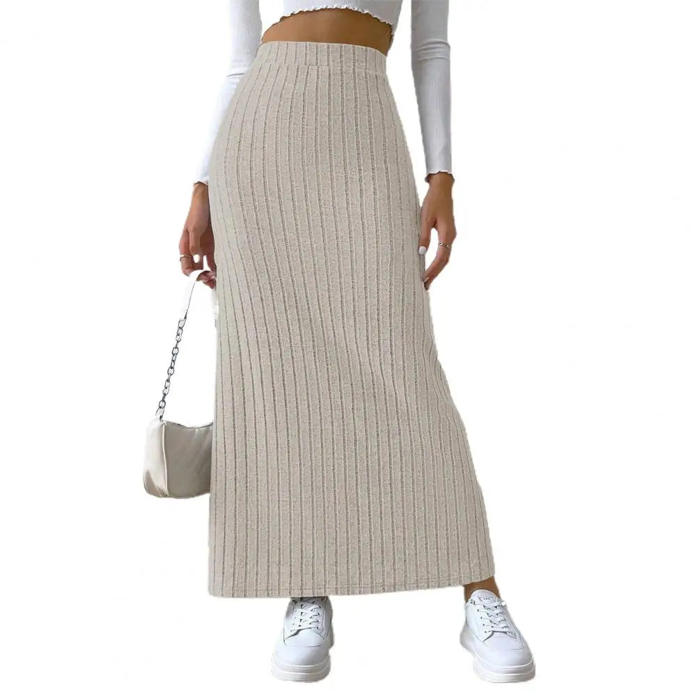 Solid Color Long Skirt Striped High Waist Knitted Maxi Skirt for Women Warm Slim Fit Ankle Length Sheath Skirt with Split Hem