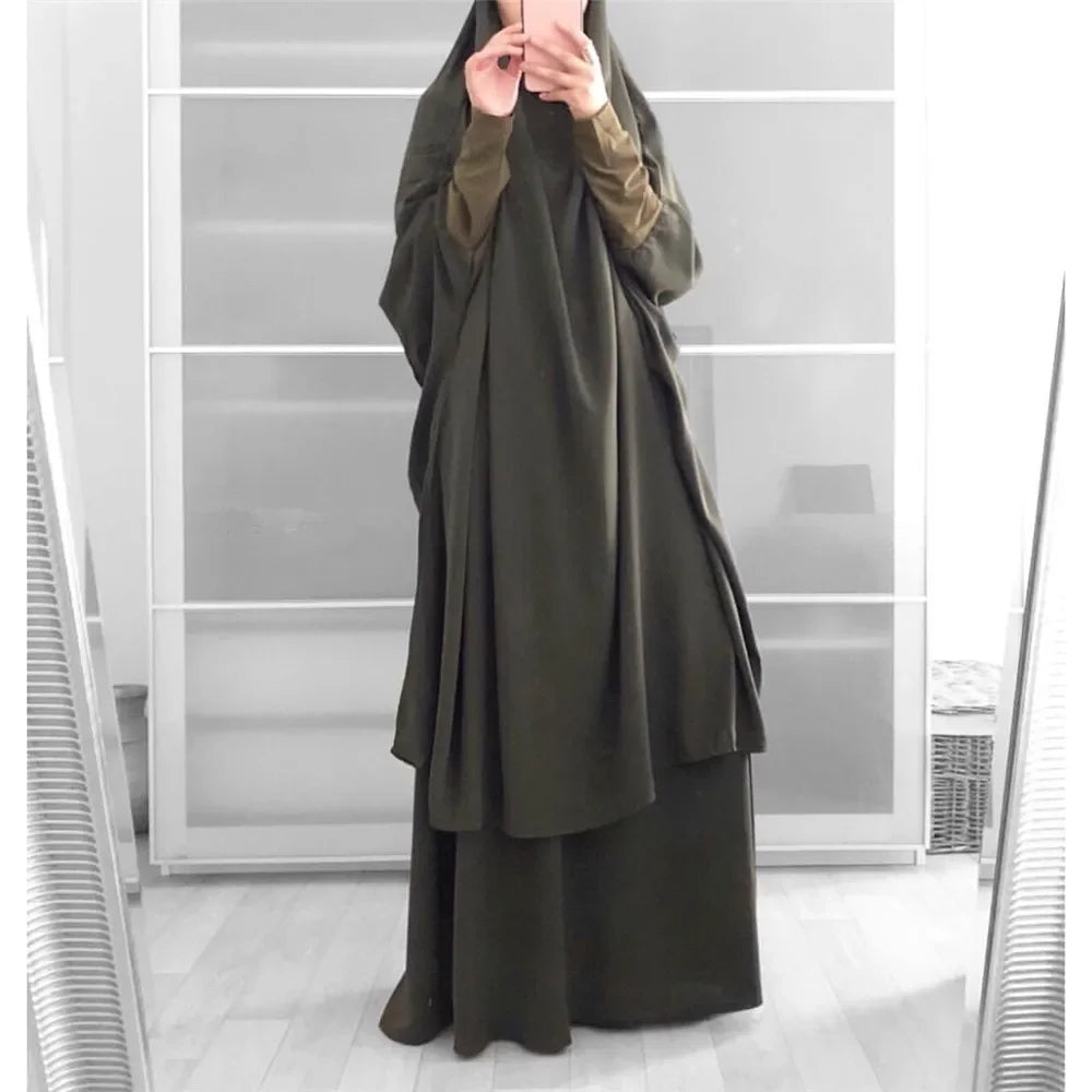 Muslim Sets Two Pieces Eid Hooded Long Sleeve Hijab Prayer Clothing Maxi Skirts Elastic Waist Women Dresses Abaya Ramadan Robes