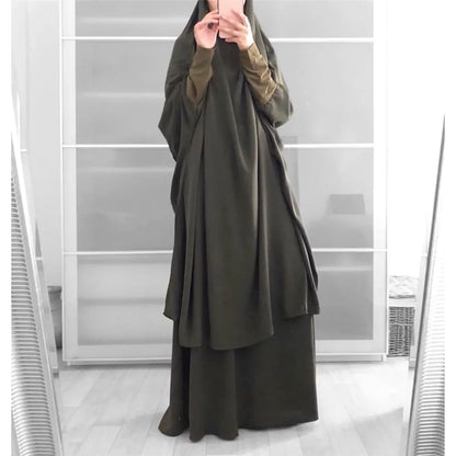 Muslim Sets Two Pieces Eid Hooded Long Sleeve Hijab Prayer Clothing Maxi Skirts Elastic Waist Women Dresses Abaya Ramadan Robes