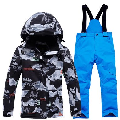 Fashion Printed Skiing Jacket + Bib Pants Snowsuits 2-Piece Boys Girls Hooded Winter Warm Windproof Snowboarding Wear