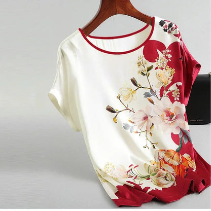 Plus Size Women Silk Satin Blouses Spring Summer Floral Printing Blouse Female Fashion Shirt Tops