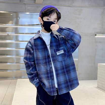 Child Winter Plaid Thermal Shirt For Boy Warm Clothes Top With Pocket Kids Casual Thick Insulated Blouse Age 5 7 9 11 13 14 Year