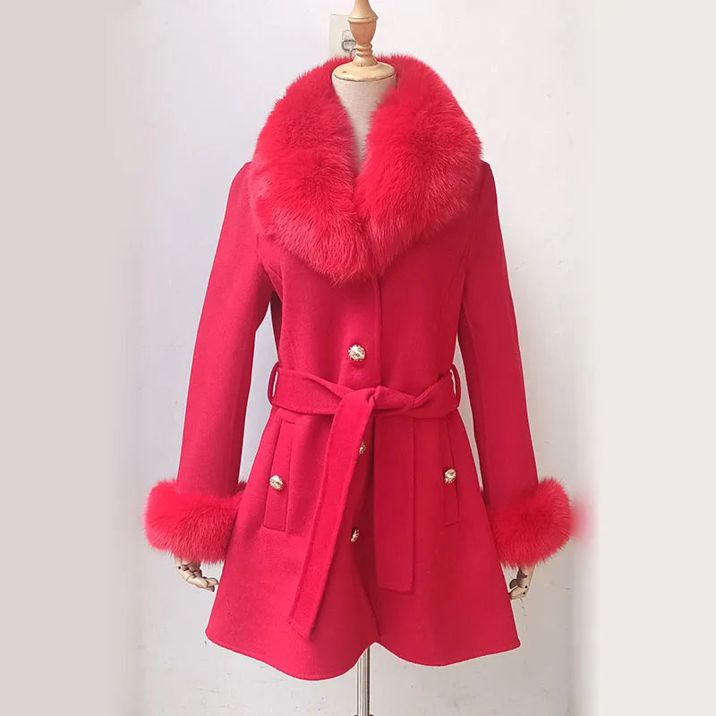 Winter Real Fox Fur Coat Women Wool Jacket With Natural Fox Fur Collar Slim Female Woolen Cashmere Outwear