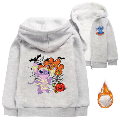 Kid Baby Boy Girl Coat Autumn Winter Long Sleeve Plush Hoodies Cartoon Stitch Print Children Sweatshirt Clothes Thick Top Outfit