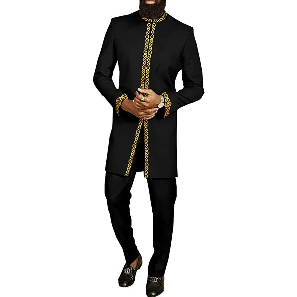 White Kaftan Men's Suit Embroidery Floral Top Pants Kaunda Suit African Casual Outfits Wear Traditional 2PCS Set Wedding Tuxedo