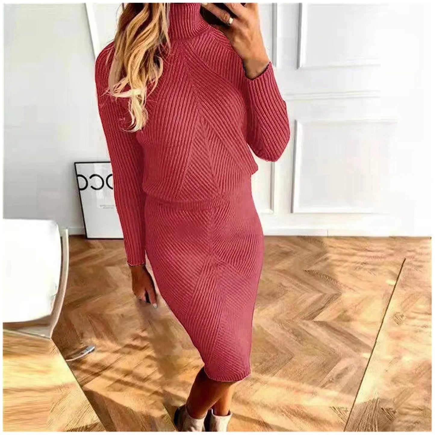 Winter Elegant Women'S Sets Korean Large Knitted Turtleneck Y2k Pencil Skirt Sets 2 Piece Outfit Office New In Matching Sets