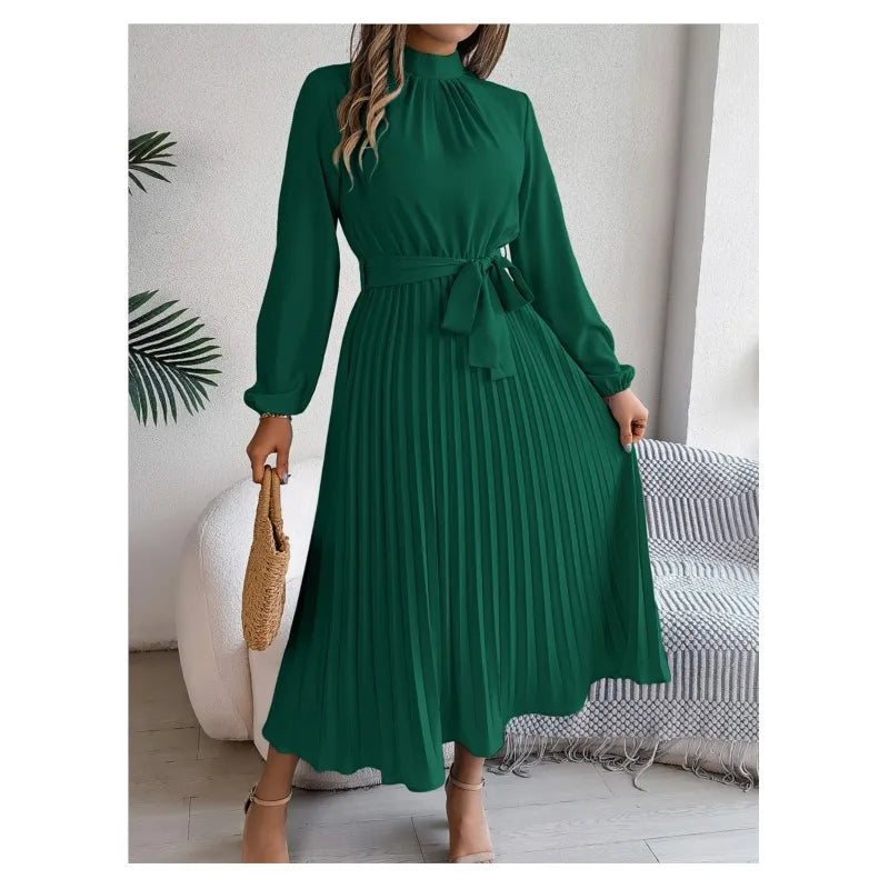 Autumn and winter elegant stand up collar long sleeved waist cinched pleated long skirt small dress women's solid color dress