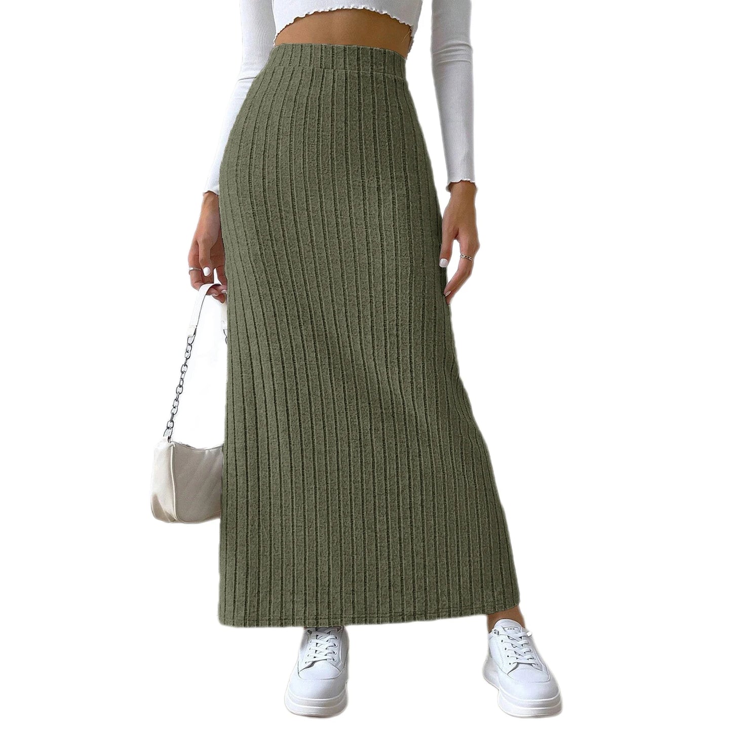 Solid Color Long Skirt Striped High Waist Knitted Maxi Skirt for Women Warm Slim Fit Ankle Length Sheath Skirt with Split Hem