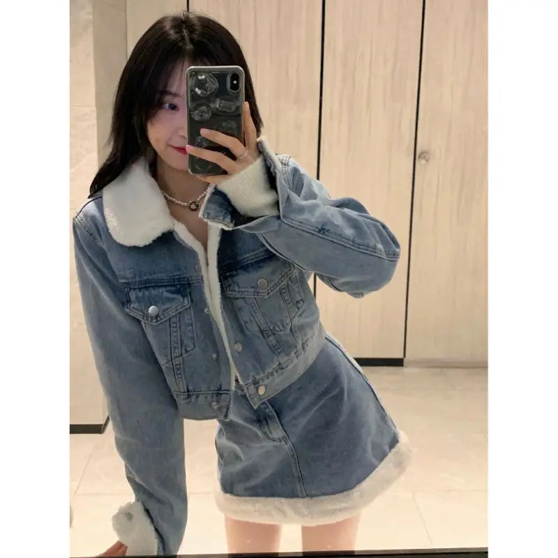 Autumn Winter Korean Edition Suit New Lamb Wool Spliced Denim Coat Women's Short Sweet Cool Half Skirt Two Piece Set Trend