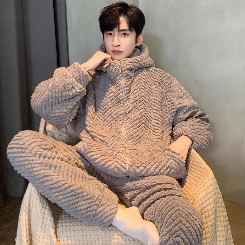 Antistatic Coral Fleece Men's Winter Pajamas Set Thicken Flannel Warm Sleepwear Big Size 3XL Zipper Soft Pajama Men pyjama homme