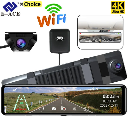 Dashcam 24h Touch Night Vision 4K GPS WIFI 12 Inch Car DVR Ultra HD 3840*2160P Sony Rear Camera Rearview Mirror Black Box Dvr