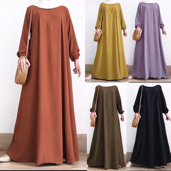 Zip-up O-neck Abayas Muslim A-line Dresses Femme Turkey Dubai Vestido Kaftan