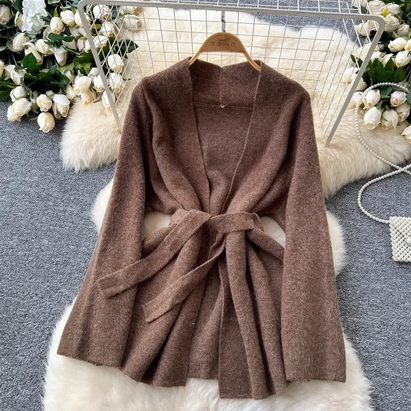 Lazy Style Dress Suit  Women's Inner Base Sleeveless Knitted Dress Strap Waist Long-sleeved Sweater Coat Winter Two-piece Sets