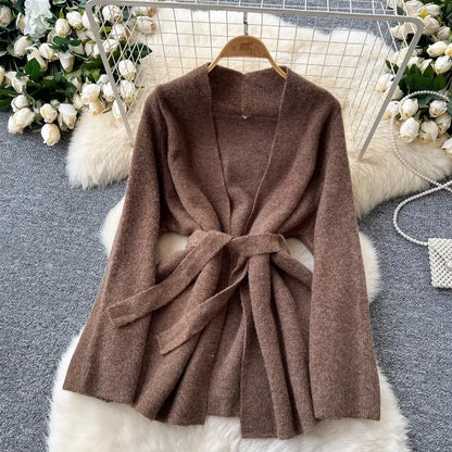 Lazy Style Dress Suit  Women's Inner Base Sleeveless Knitted Dress Strap Waist Long-sleeved Sweater Coat Winter Two-piece Sets