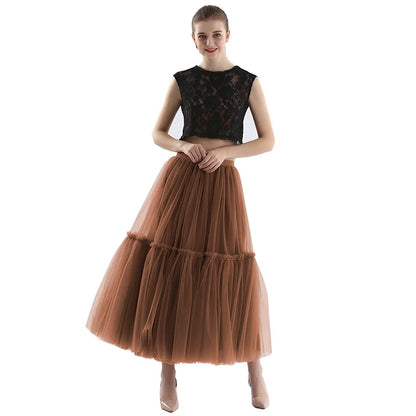 Maxi Long Tulle Skirts for Women Black Gothic Pleated Skirt Casual Party Fairycore Summer Winter Jupe Longue Falda Mujer