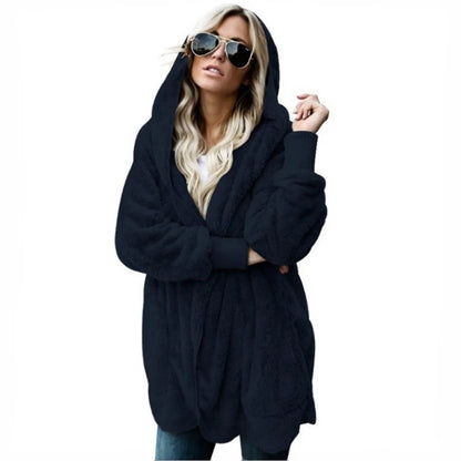 Autumn Winter Double Fleece Cardigan Jacket Women Solid Color Long Sleeve Plush Warm Hooded Lady Jacket Oversized Outerwear Coat