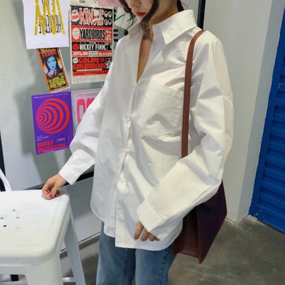 Vintage Long Sleeve Women Shirts Fashion New Loose White Blouse Turndown Collar Tops Office Lady Elegant Clothing