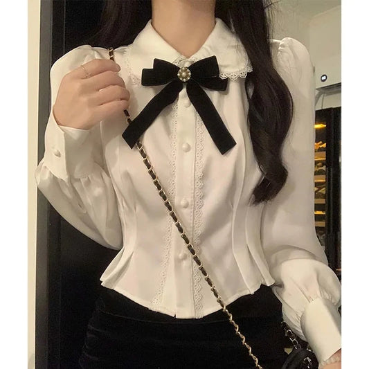 White Bow Shirts Women Sweet Preppy Kawaii Lace Patchwork Blouses Lolita Korean Elegant Peter Pan Collar Long Sleeve Crop Tops