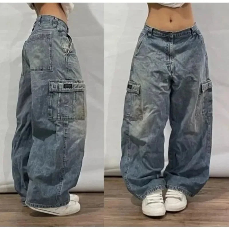 New American Harajuku Retro Straight High Waist Y2K Street Style Women Washed Blue Pockets Baggy Jeans Gothic Wide Pants