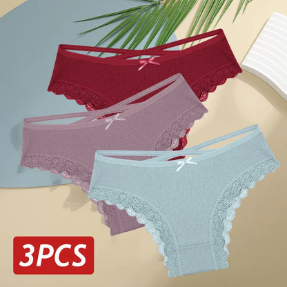 3PCS/Set Women Cotton Panties Sexy Low Rise Lace Brazilian Panties Hollow Out Soft Breathable Lingerie Female Bow Underwear S-XL