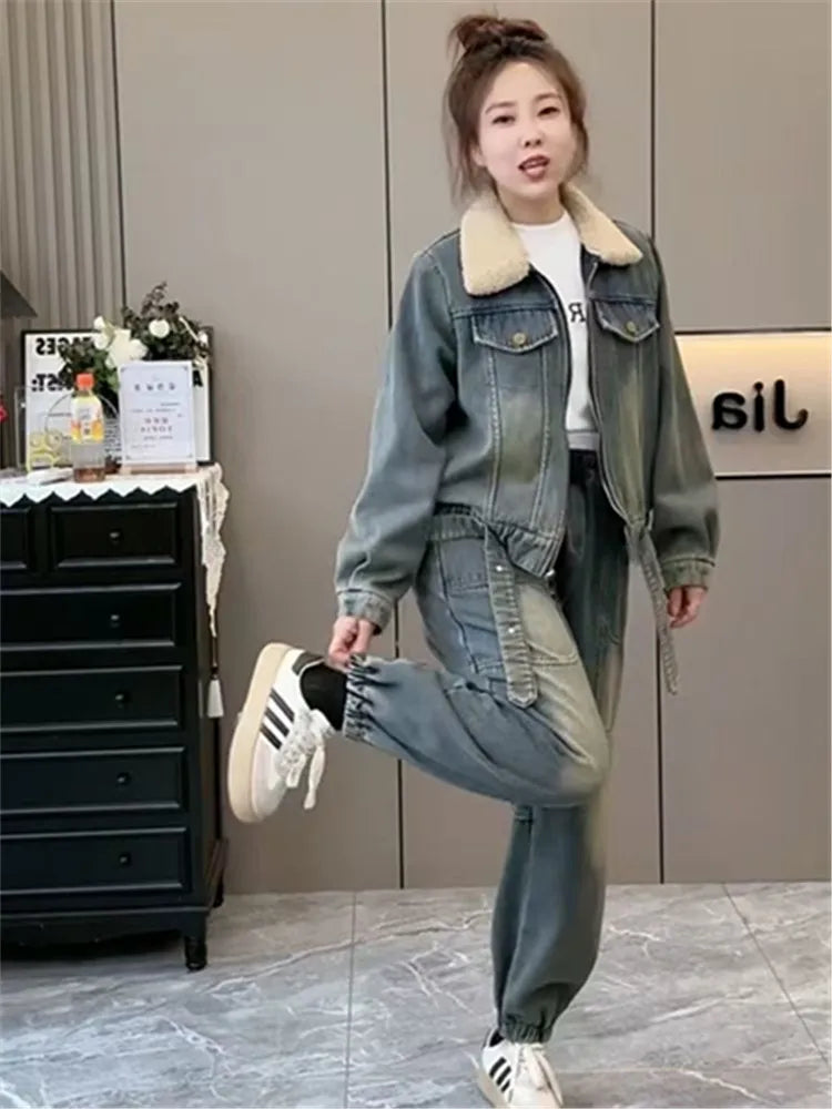 Denim Suit Women Clothes 2025 Autumn and Winter New Cashmere Thickening Loose Large Size Fashion Slimming Two-piece Set Tide