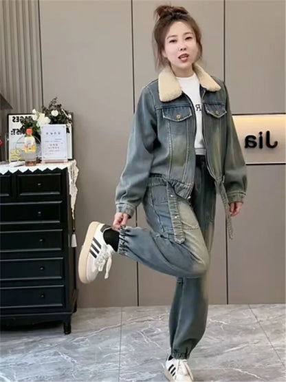 Denim Suit Women Clothes 2025 Autumn and Winter New Cashmere Thickening Loose Large Size Fashion Slimming Two-piece Set Tide