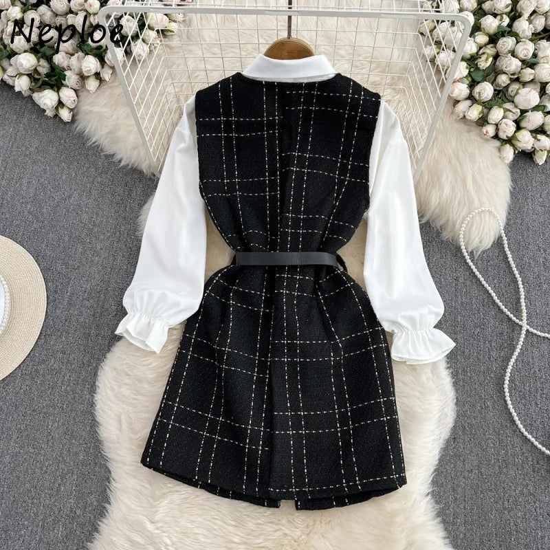 Neploe Y2k Set Women 2 Pieces Turn Down Collar Long Sleeve Single-breasted Top Suit+plaid Sleeveless Belt Slim Vest Outfits