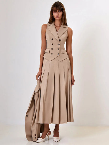 Mozision Autumn Two Piece Sets Women Double-breasted Vest And Split Skirt Matching Sets Fashion Long Pleated Skirt Two Piece Set