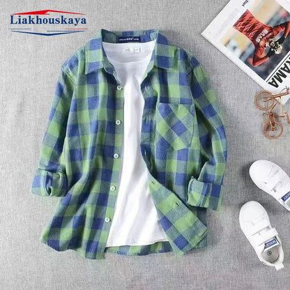 2-16Year Autumn Winter Fashion Kids Boys Long Sleeve Plaid Shirts Thick Wool Tops Kids Children Cotton Blouse Casual Clothes