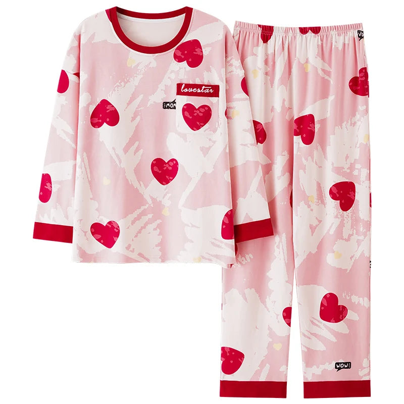 Autumn 100%Cotton Women Pajamas Long Sleeve Women's Pajama Set Print M-5XL Pijama Long Tops+Long Pants Two Piece Set Pyjamas