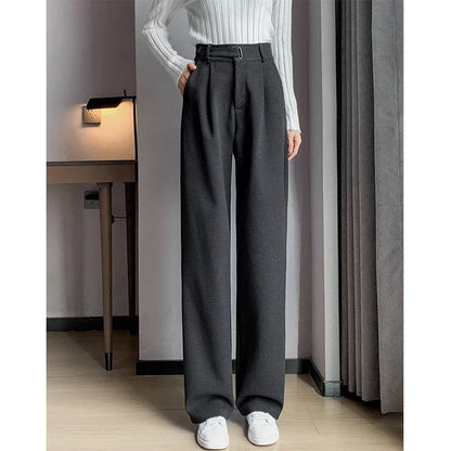 MEXZT Winter Wool Wide Leg Pants Women Streetwear High Waist Suit Straight Pants Korean Thick Black Baggy Woolen Full Trousers