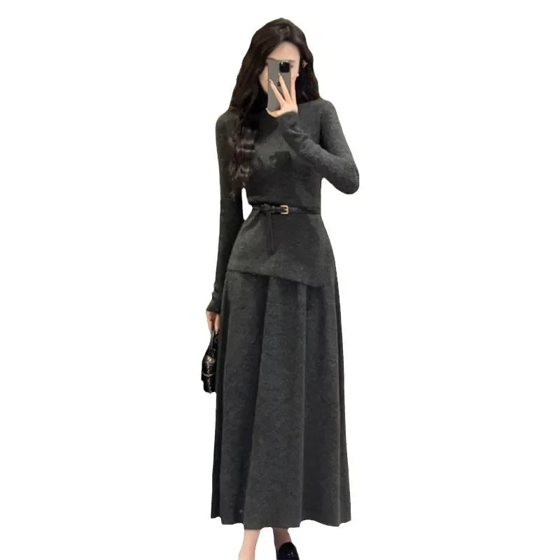 Two Piece Sets Muslim Knitting Skirts Outfits Women Pullover Sashes Sweater Long Skirt Suit Temperament Knitwear Ensemble