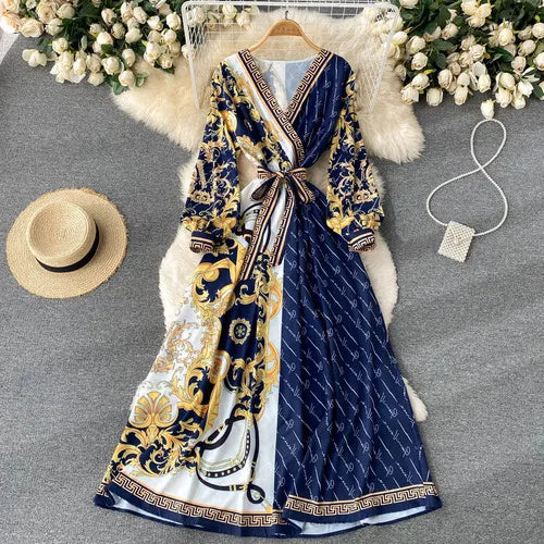 ZCWXM Spring Bohemian Women Maxi Dresses A-LINE Puff Sleeve V-Neck Long Rebe Female Fashion Evening Ankle-Length Dresses