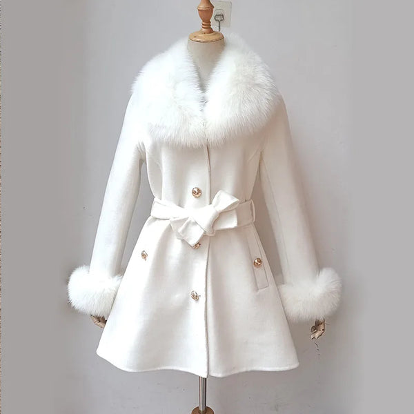 Winter Real Fox Fur Coat Women Wool Jacket With Natural Fox Fur Collar Slim Female Woolen Cashmere Outwear