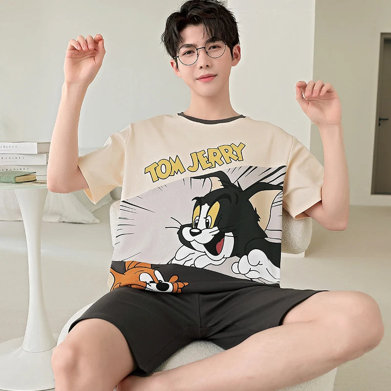 2025 Summer Men’s Sleepwear Cotton Cartoon Pajamas Sets For Man Short Loungewear Young Home Wear Fasion Student Pyjama Set Homme