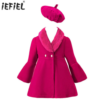 Kids Girls Trench Coat Long Sleeve Furry Collar Warm Peacoat with Beret Hat Set Windproof Jacket Outerwear for Casual Wear