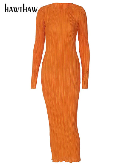 Hawthaw Women Fashion Long Sleeve Streetwear Bodycon Orange Midi Dress Autumn Clothes Wholesale Items For Business