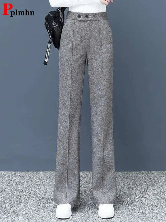 Big Size Thick Wool Blend Straight Pants Korean style Woolen Wide Leg Pants Womens Winter Casual New High Waist Loose Trousers