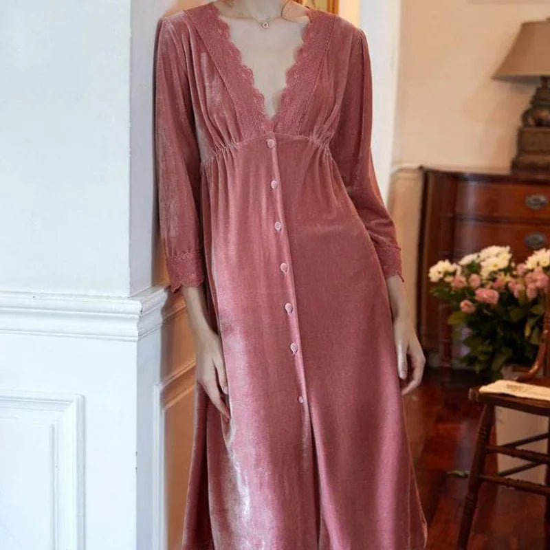 Autumn New Velvet Sleepwear Women Nightgown Sexy Nightdress Intimate Lingerie Loose Sleep Dress Home Dressing Gown With Lace